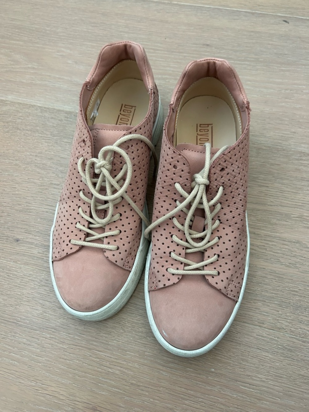 Beige-Pink Perforated Lace-Up Women's Sneakers